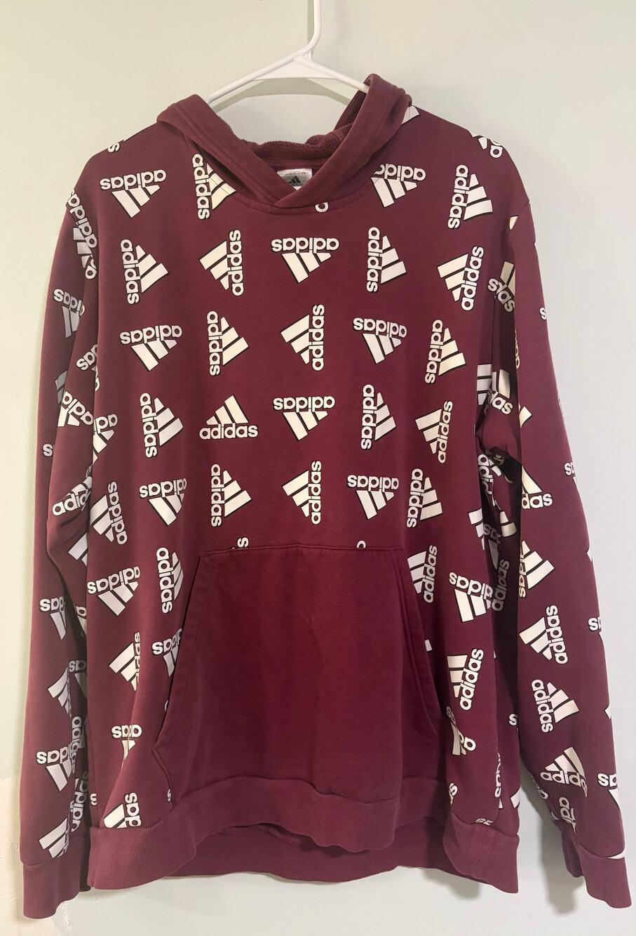 Adidas Burgundy Allover Logo Print Hoodie Size XL Streetwear
